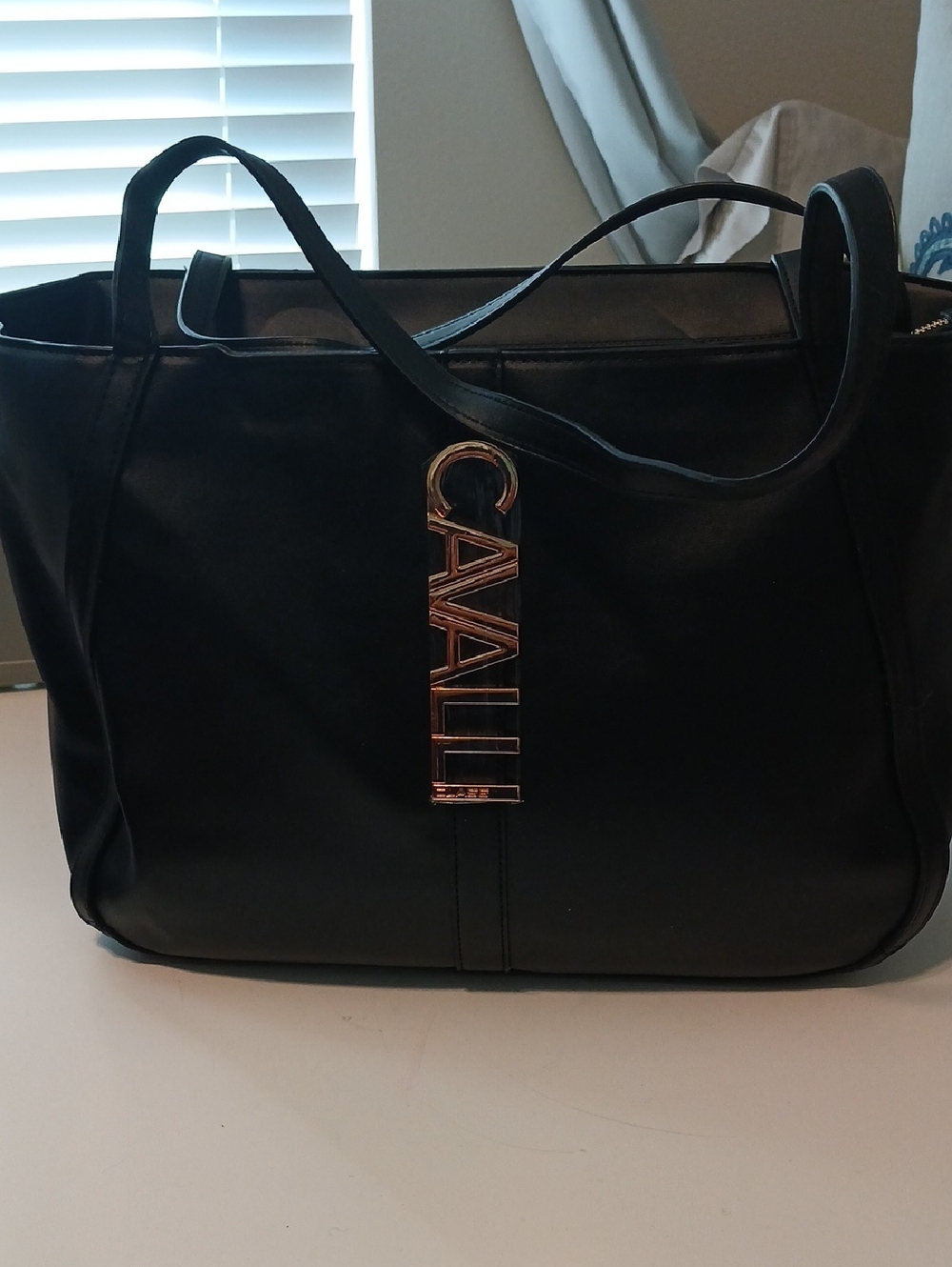 Cavalli Class Black Vegan Leather Tote with Gold Logo Charm